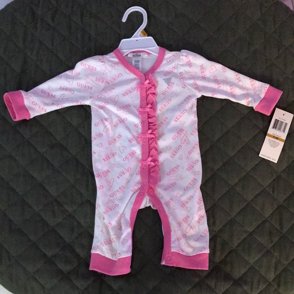 GUESS Pink Logo Ruffle Footed One-Piece